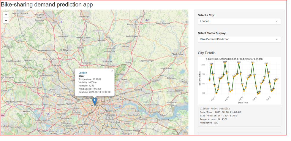 Screenshot of the R Shiny bike-sharing demand prediction dashboard showing an interactive map of New York with weather data and a 5-day temperature trend chart
